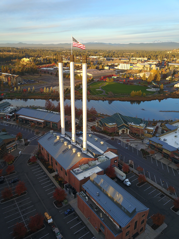 The Old Mill District from above in Bend, Oregon.